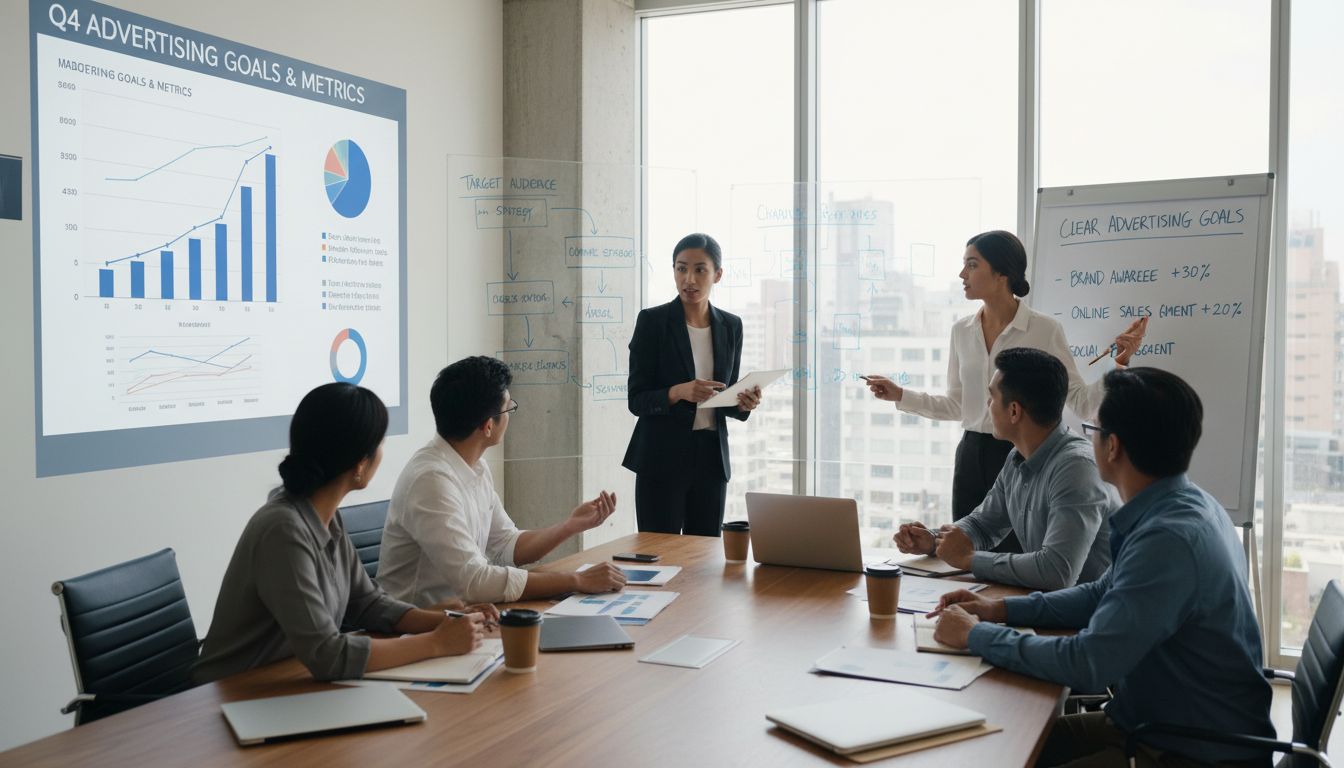 마케팅 전략 회의 중인 전문가들이 광고 목표를 설정하는 모습