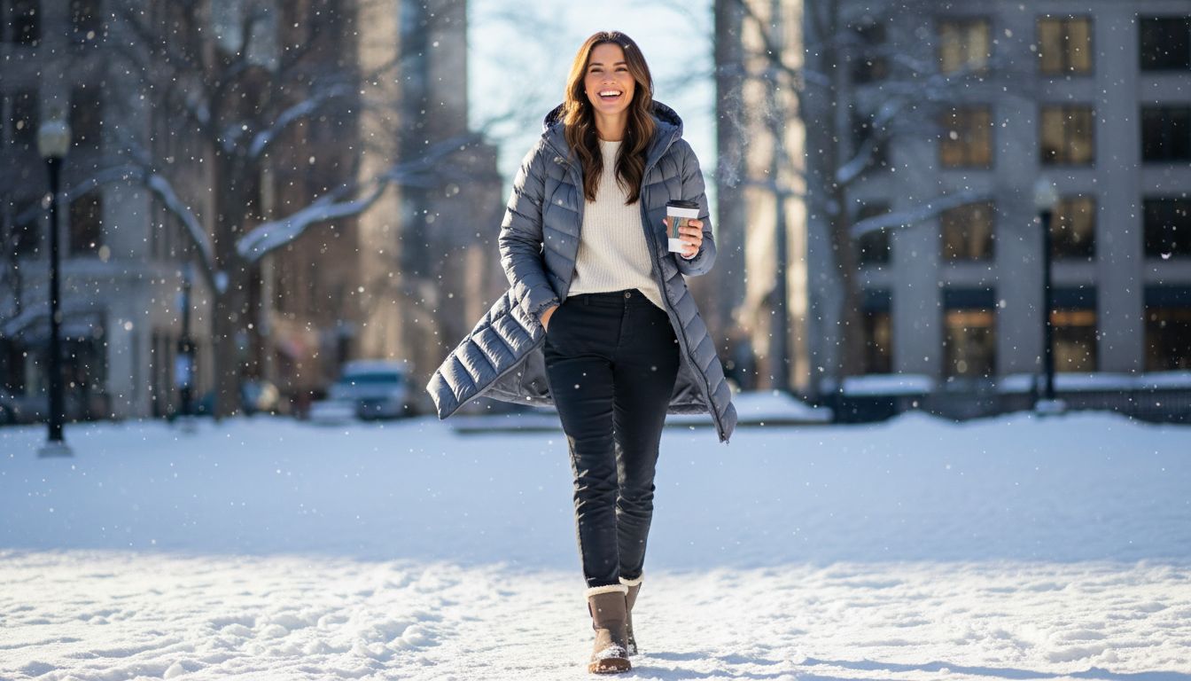 머스코비 다운 패딩을 입고 겨울 도심에서 활동하는 모습, 가벼움과 따뜻함을 강조