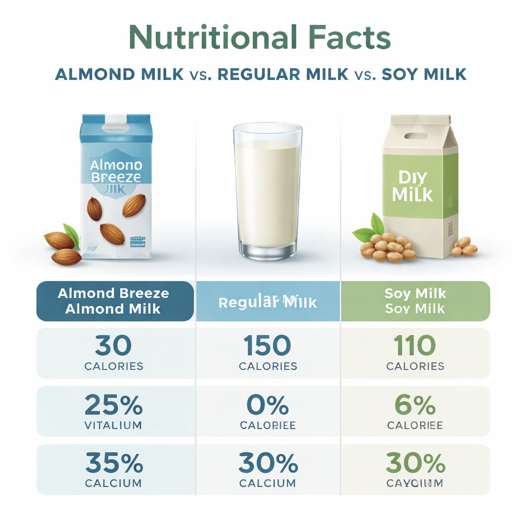 아몬드브리즈와 일반 우유, 두유의 칼로리와 비타민E, 칼슘 영양성분 비교 인포그래픽