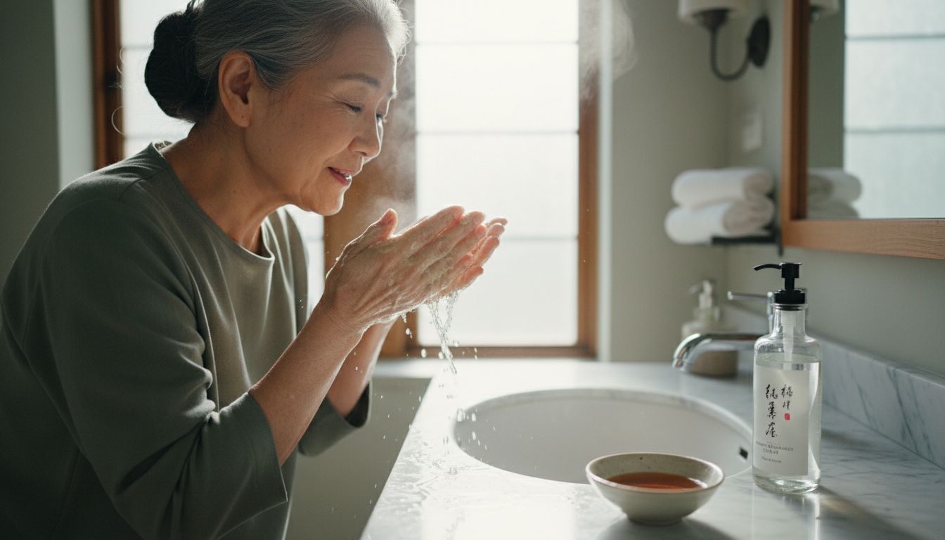 노년층이 녹차 추출물과 감 탄닌 등 항산화 성분이 포함된 제품으로 피부를 섬세하게 관리하는 모습