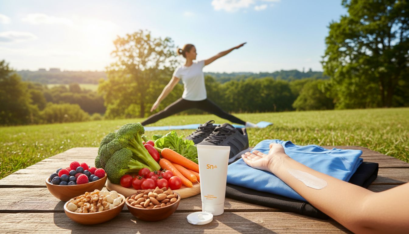 쥐젖 재발 방지를 위한 건강한 식습관과 운동, 자외선 차단 생활 습관을 보여주는 이미지