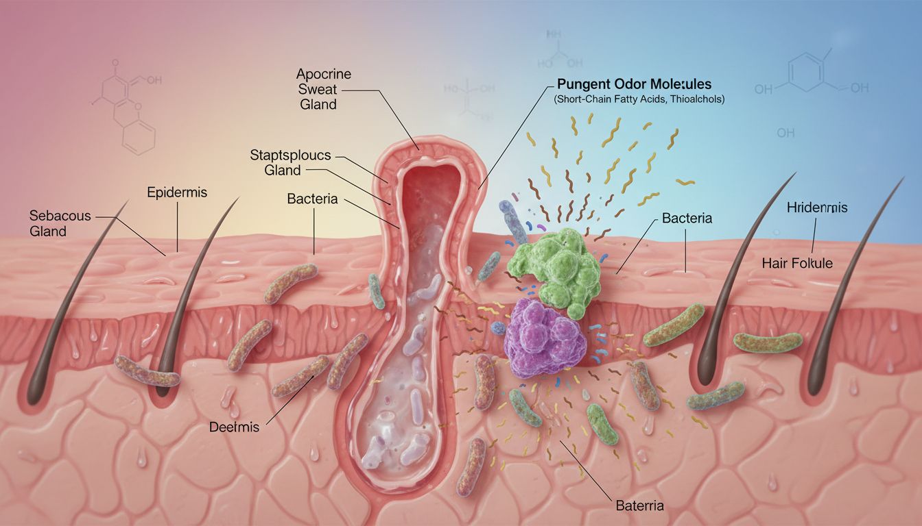 인체의 아포크린 땀샘과 박테리아가 상호작용하여 냄새를 유발하는 과정을 나타낸 이미지