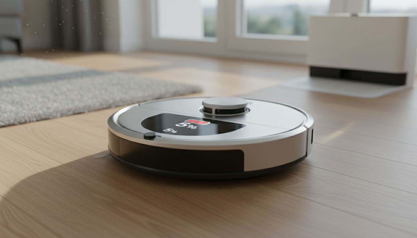 로봇청소기의 배터리 잔량이 낮음을 나타내는 화면이 보이는 모습