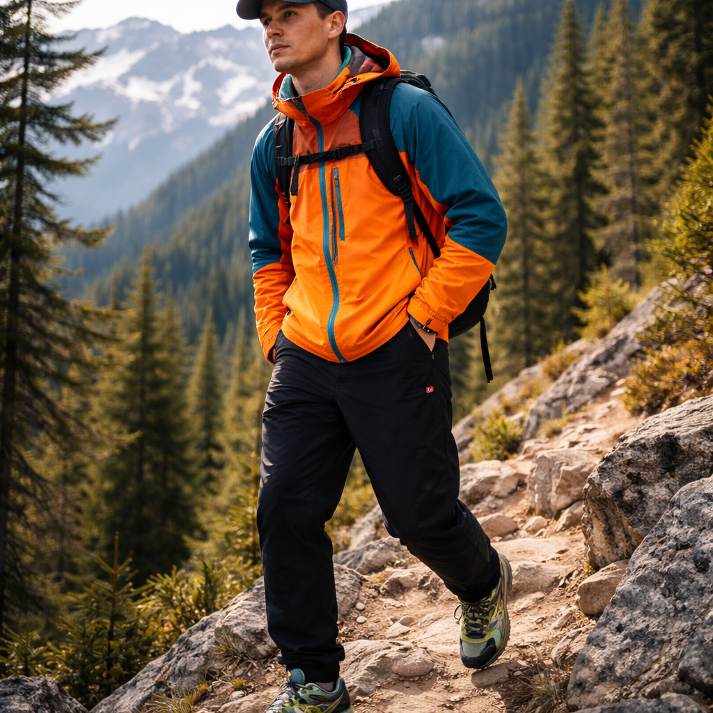 테크니컬 고프코어 룩으로 연출된 블랙 그라미치 팬츠와 기능성 아웃도어 자켓 착용 모습의 고화질 실사 이미지