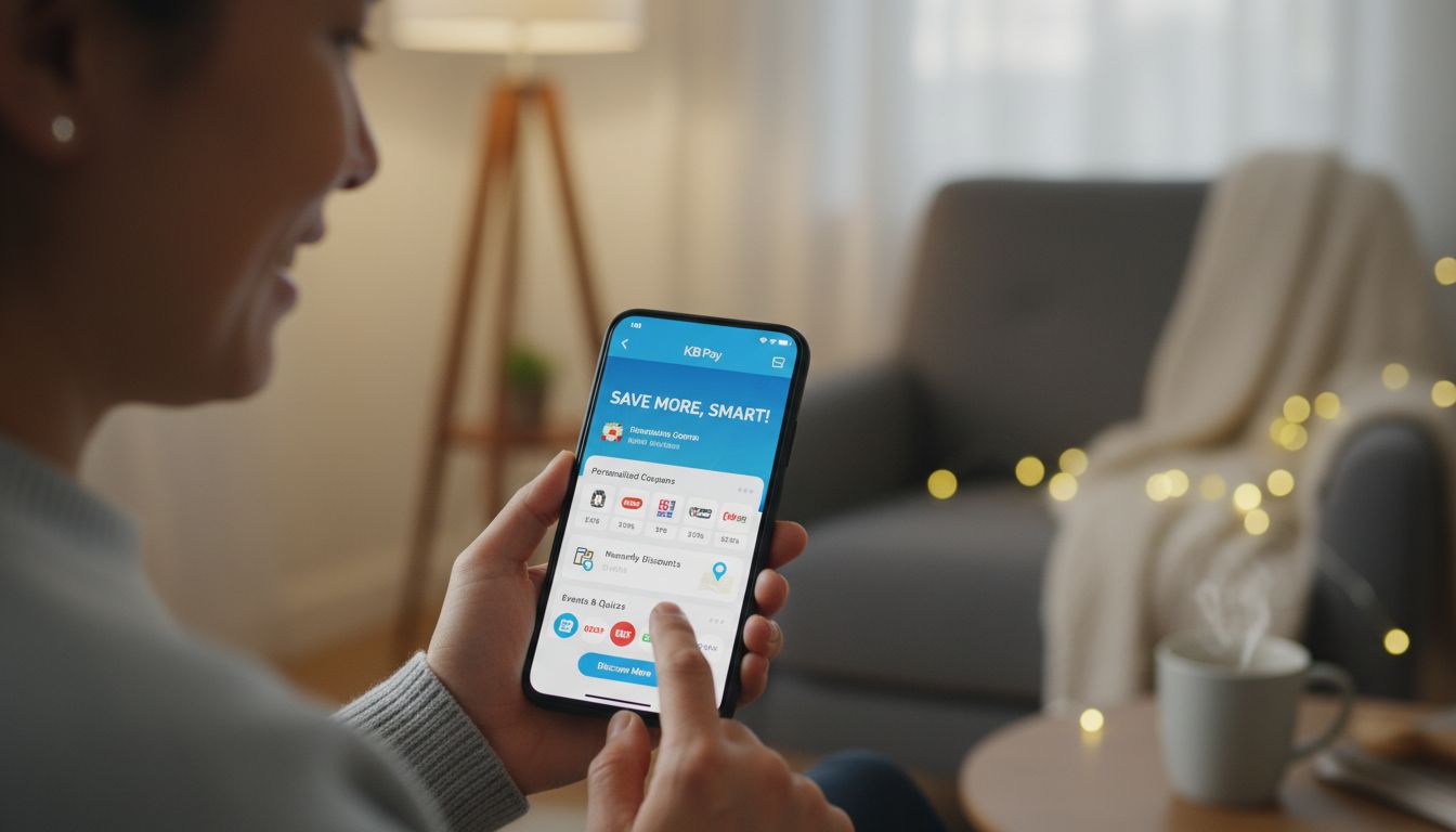 KB 페이 앱에서 개인 맞춤 쿠폰과 근처 할인, 이벤트, 출석체크 기능을 확인하는 모습