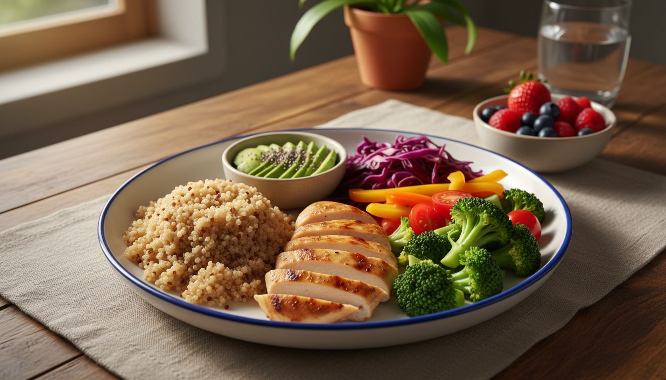 임신성 당뇨 관리를 위한 균형 잡힌 식단이 담긴 식사 접시의 모습