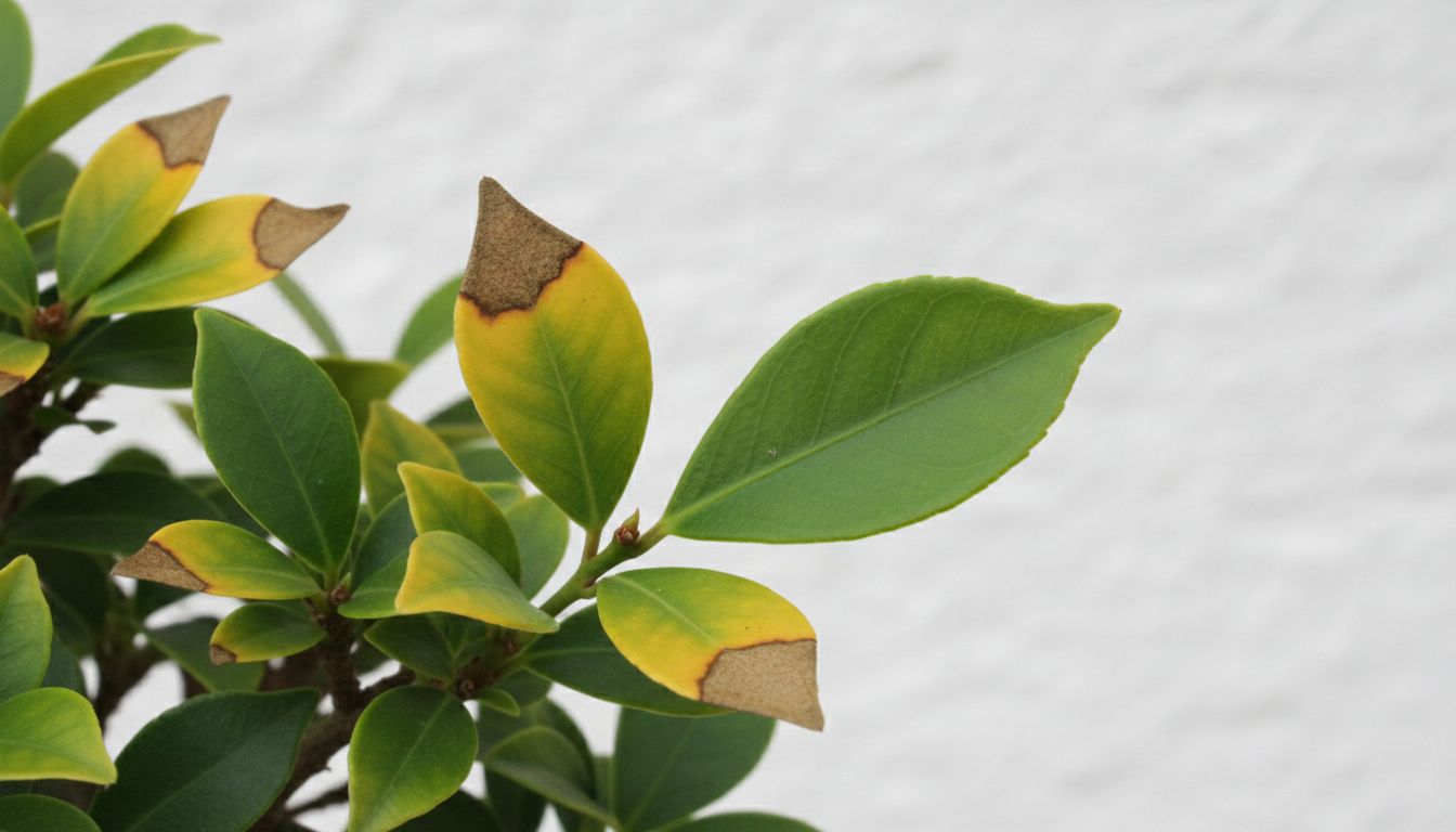 잎 변색 증상을 보이는 청짜보 분재 잎의 근접 사진으로 노란색과 갈색으로 변한 잎 끝이 보이는 모습