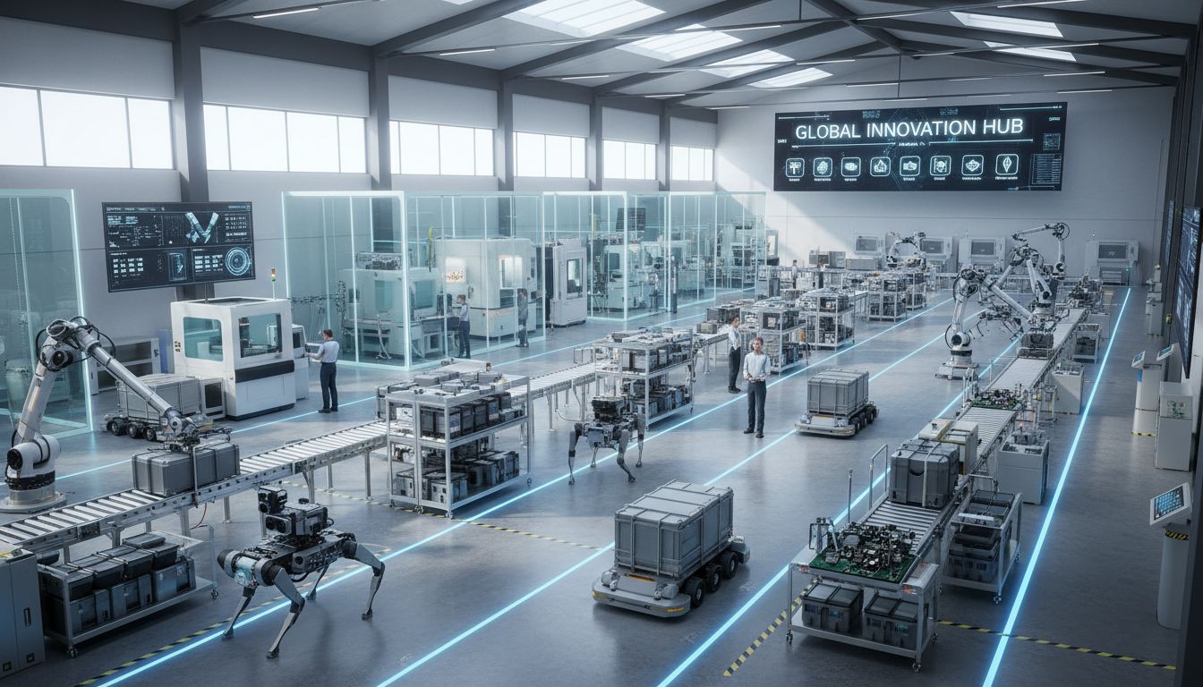 현대자동차 스마트 팩토리 내에서 물류 업무와 설비 점검을 수행하는 보스턴 다이내믹스 로봇들의 모습