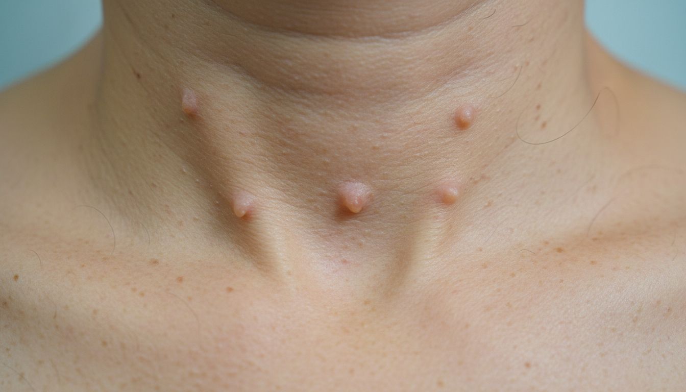 목과 겨드랑이 피부에 작은 쥐젖이 선명하게 보이는 고화질 실사 이미지