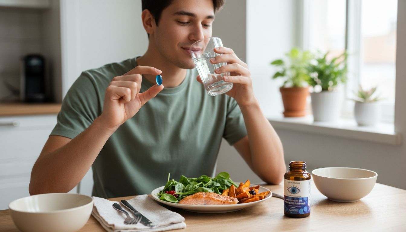 식후 즉시 눈 건강 영양제를 복용하는 20대의 건강한 생활 습관을 보여주는 이미지