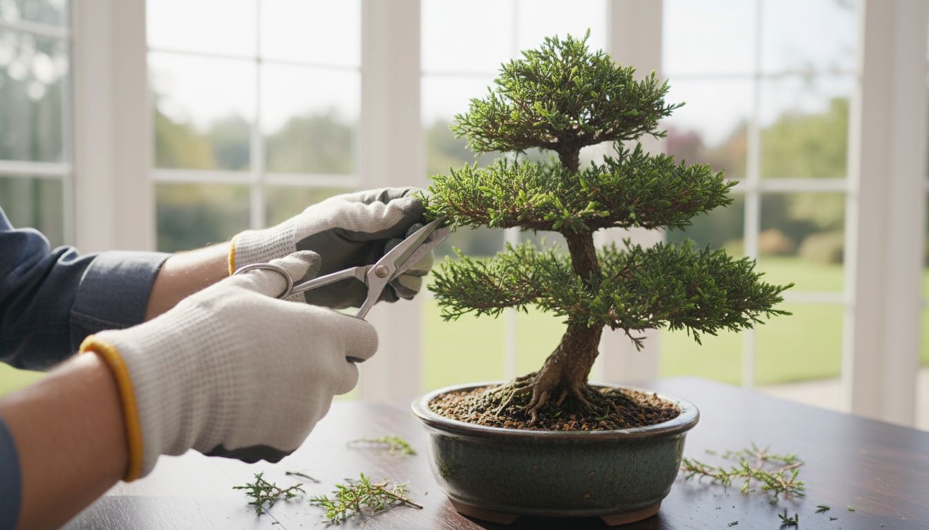 가지치기와 순집기로 청짜보 분재를 다듬는 모습