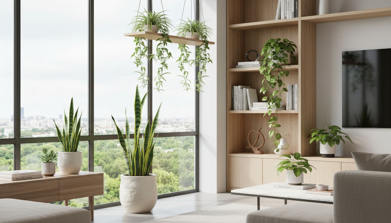 실내 거실에 여러 실내공기정화 식물이 놓여 있는 모습, 자연광과 맑은 공기가 느껴지는 장면