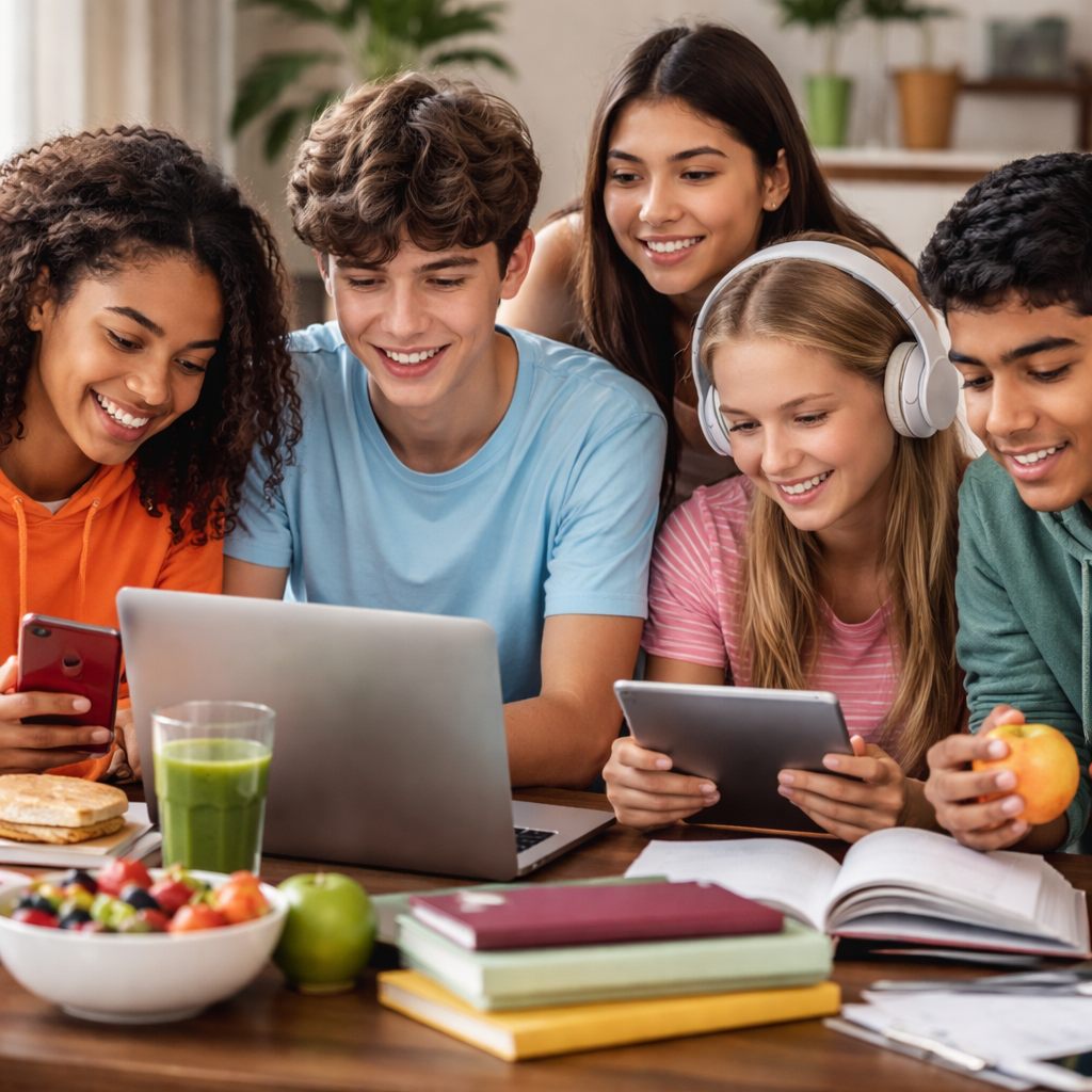 현대 청소년들의 실내 학습과 식습관, 활동 환경을 보여주는 건강하고 활발한 청소년들